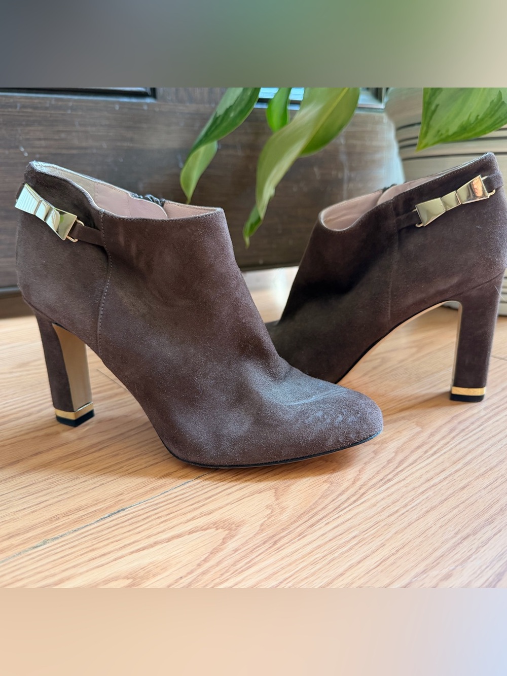 kate spade Brown Suede Ankle Booties with Gold Accents